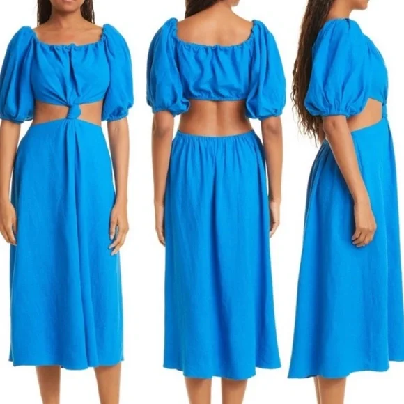 FARM Rio Blue Off-Shoulder Linen Midi Knot Dress Cutout Size L NWT - Picture 1 of 11